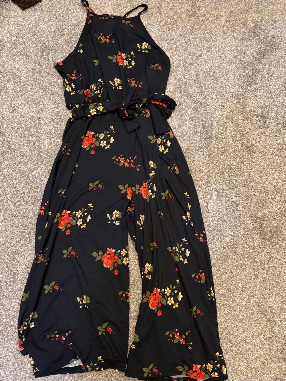 French Grey Black Floral Halter Wide-Leg Jumpsuit